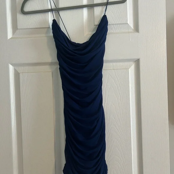 oh polly navy blue dress Mayfair Embellished Long Sleeve Cut Out Mini Dress in Dark Blue